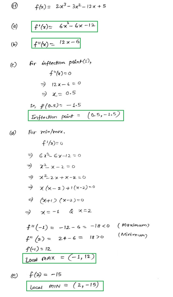 fb) = 2x3 – 3x2 – 12x + 5 f(x)= 6**-62-12 (6) F(x) = 12x-6 (C) for inflection points), f(2)=0 = 128–6=0 => x= 0.5 So, +10.
