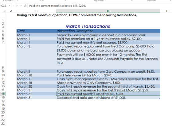 Lipboard Font Number C15 Alignment ✓ fr Paid the current months electice bill, $250. B During its first month of operation,