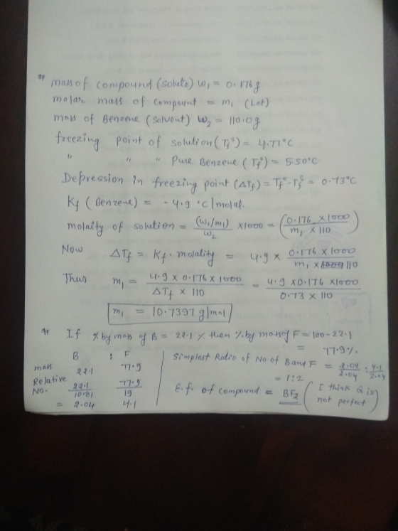 mass of compound (solute) w, 0.1768 molar mass of compount & mi (Let) moss of Benzene (solvent) W₂ - 1100g freezing point of