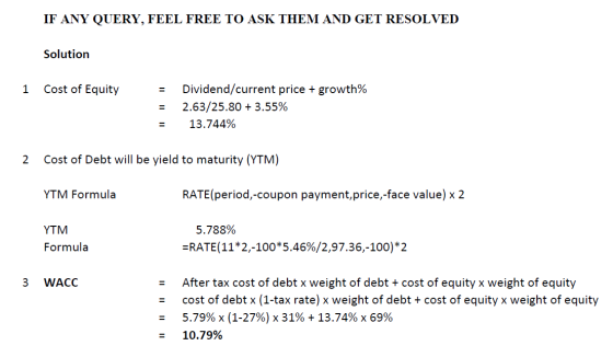 IF ANY QUERY, FEEL FREE TO ASK THEM AND GET RESOLVED Solution 1 Cost of Equity Dividend/current price + growth% 2.63/25.80 +