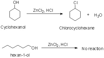 ZnCl2, HCI + H20 Cyclohexanol Chlorocyclohexane ZnCl, HCI OH - No reaction hex an-1-01