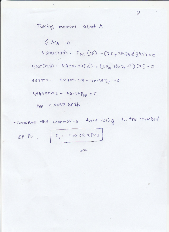 Taking moment aboot A 4500 C143) 553500. 846.25 FEr 494590,92-46,25타 스。 FEf 10693.86b Theve Bone the comvessive orce acting n