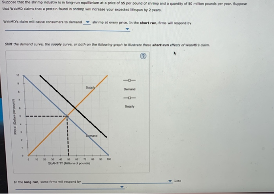 Suppose that the shrimp industry is in long-run equilibrium at a price of $5 per pound of shrimp and a quantity of 50 million