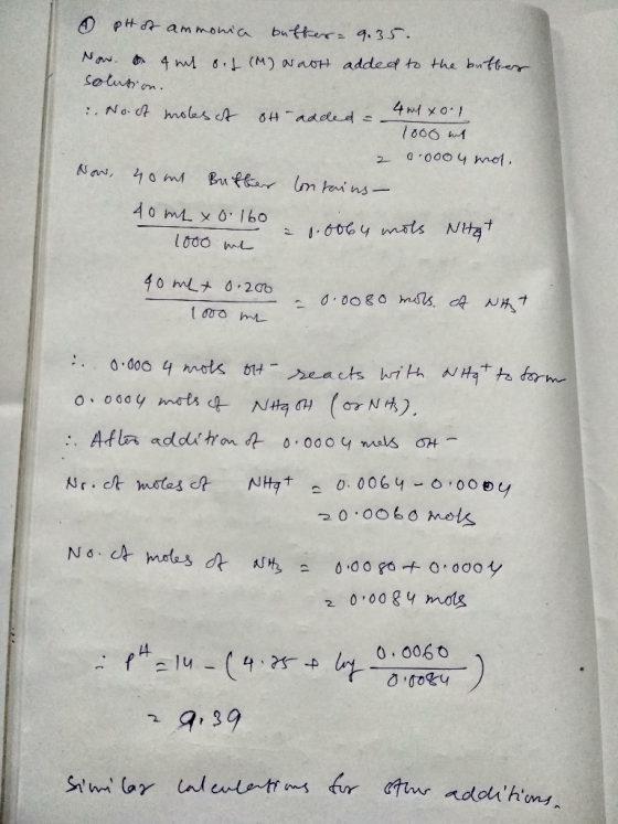 o pH of ammonia buffer= 9.35. Now. 4 ml oil (M) NaOH added to the buffer solution. 4 ml xoll :. No. of moles of ot-added - 10