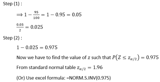 Step (1): = 1-0.95 = 0.05 0.05 = 0.025 Step (2): 1 -0.025 = 0.975 Now we have to find the value of z such that P(Z < Za/2) =