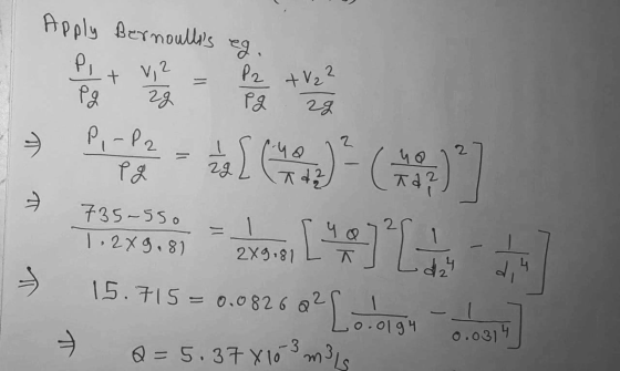 Apply Bernoullis eg. Pitvi2 P2 +V22 pg 2g Pg 2g P,-P2 1 29 742 > 2 1.42 ta2 IT 735-55o T.249.81 ° 15.715 = 0.0826 0% Laters