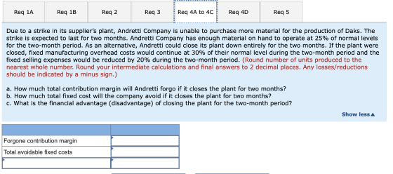 Req 1A Req 1B Req 2 Req3 Req 4A to 4C Req 4D Reg 5 Due to a strike in its suppliers plant, Andretti Company is unable to pur