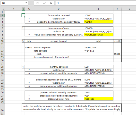 B2 А future value required table factor deposit to be made by the company today 10000 =ROUND(-PV(12%,5,0,1),5) =E2*E3 future