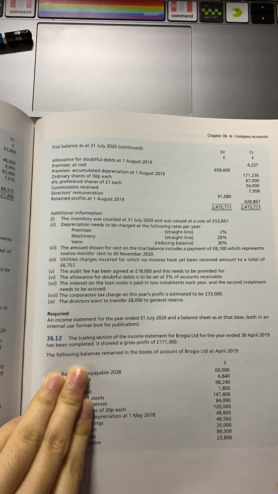 ait command SkinAT command option HB HB Chapter 36 Company accounts Cr Trial balance as at 31 July 2020 (continued): 22,600 D