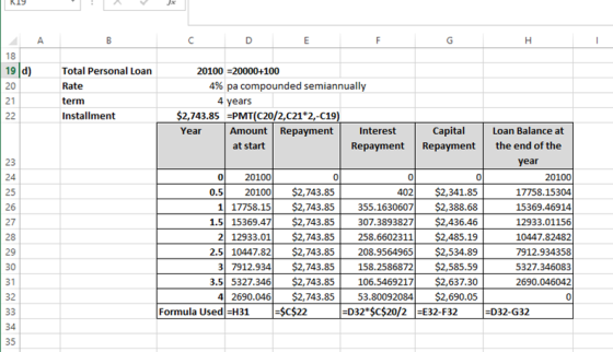 R19 19 d) Total Personal Loan Rate term Installment 20100 - 20000+100 4% pa compounded semiannually 4 years $2,743.85 =PMT(C2