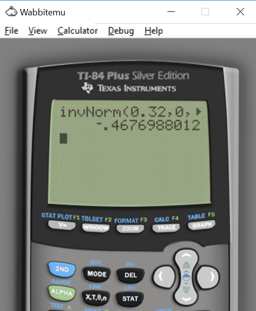 Wabbitemu File View Calculator Debug Help TI-84 Plus Silver Edition TEXAS INSTRUMENTS inYNorm (8.32.0, ト -.4676988012 STAT PL