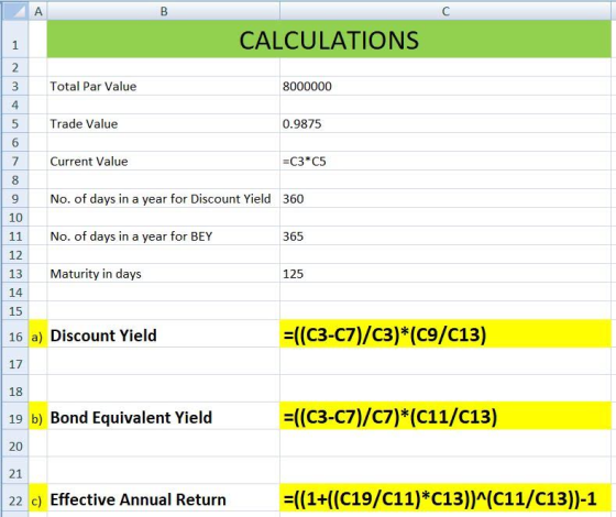 B CALCULATIONS Total Par Value 8000000 Trade Value 0.9875 Current Value =C3*C5 No. of days in a year for Discount Yield 360 N