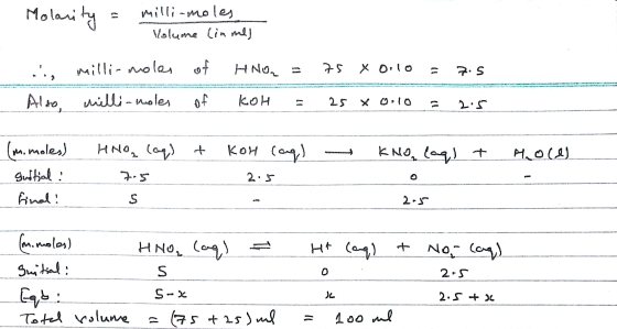 Molarity = milli-moles - Volume liume) .., milli- moles of HNon = 75 x 0.10 = 7.5 Also, milli-moles of KOH = 25 ono = 2.5 1.