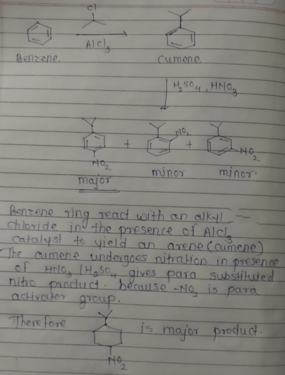 Alch Benzene. cumene | HSO 4 ,HNO₂ ILI non minor minor major Benrene ring react with an alkyl -. chloride in the presence of