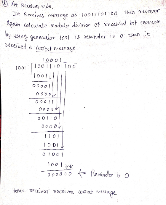 - 6 At Receiver side, It Receives message as 1001 101100 then receiver again calculate modulo division of received bit sequen