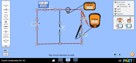 01:20.02 Show Current Current 0.018 A O Electrons O Conventional Wire Ο Ω Labels F Values Battery Stopwatch AC Voltage 1000 V