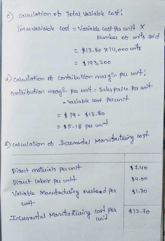 calculation of Total variable cost! Total variable cost = Variable cost per whit x Number of write sold = $13.80 14,000 units