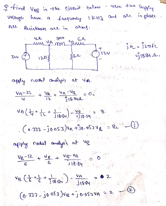 ind VaR in the iseuit below asein phage Voltagt have A ohwg Resintanca e in 2. at VA VA-Ve VA-31 VA j18gy -joos3)a +0.oSa vR