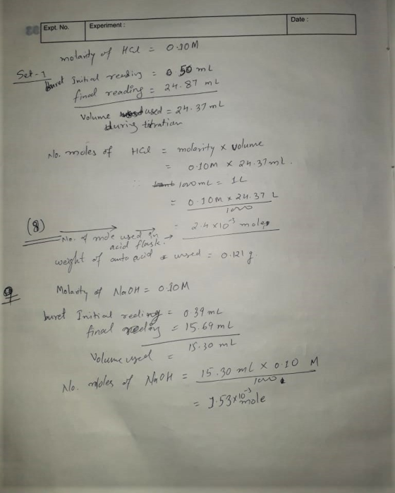 Date: Expt. No. Experiment: molanty of Hal = 0.10m Set-1 Thuret Initial reading = 50ml final reading = 24.87 ml volume was us