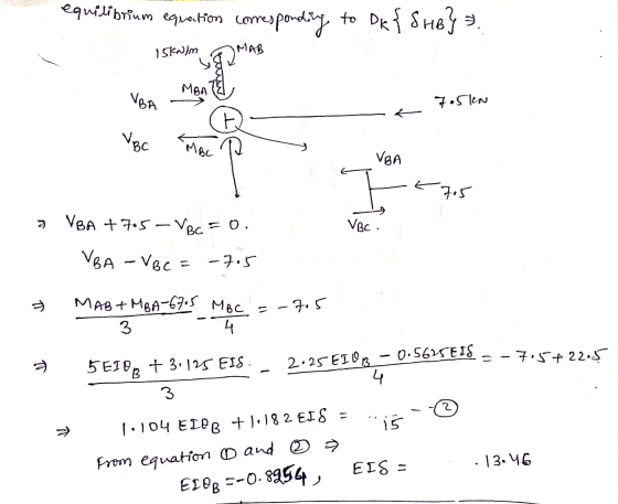 equilibrium equation comesponding to Dk{ SHB}=. 15kN/m 21R8 T MBA VBA 7.5kN VBC MBC VOA F - 7.5 VBC. VBA +705 – VBC = 0. VBA