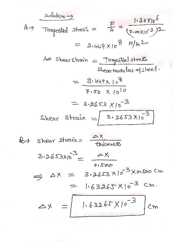 49 1.20x106 (7100/10-22 solution 2 Tangential stress = Ã = = 2,449x108 N/m2 so shear strain = Tangentical stress Shear module