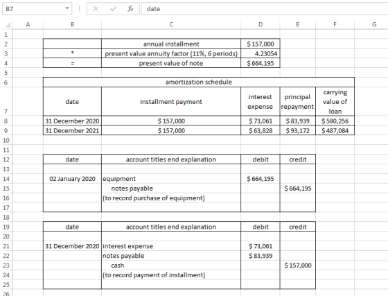 B7 x fc date annual installment present value annuity factor (11%, 6 periods) present value of note $ 157,000 4.23054 $ 664,1