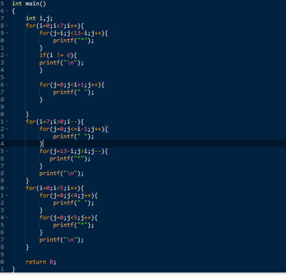 5 int main() int i, j; for(i=0;i<7;i++){ for(j=i;j<13-i;j++){ printf(*); if(i != 6){ printf(\n); for(j=0; j<i+1;j++){ pri