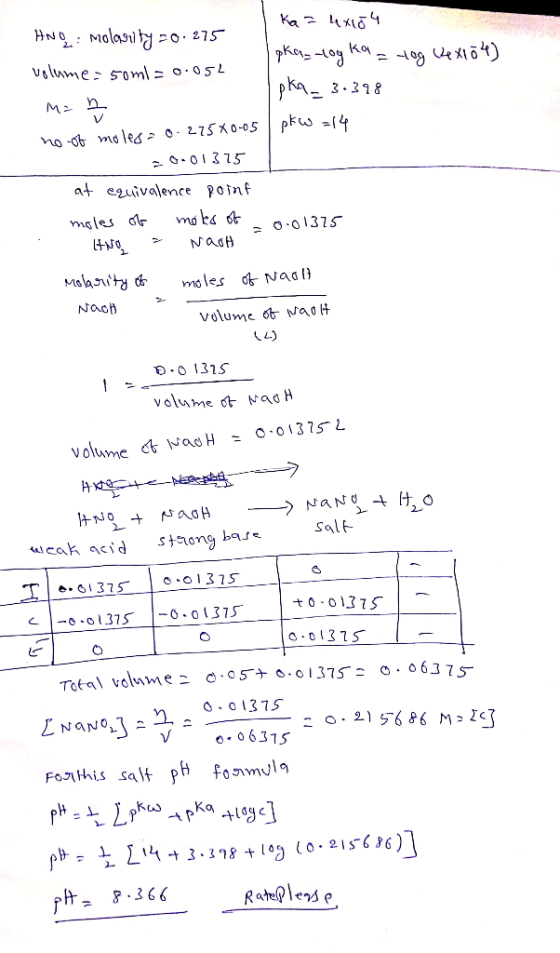 ANO: molasity 20. 275 ka= 4x104 1 pka_ -log ka = log (24x154) volume som = 0.054 pka_ 3.398 M= A no of moles= 0.27580-05 / pk