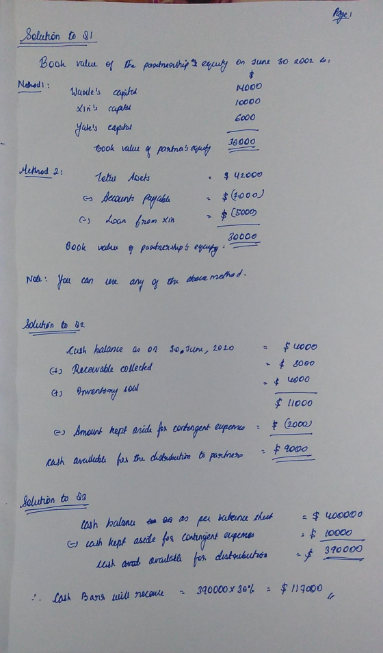 Roge! Solution to si Book value of the pagetnership 3 equity on June 30 20026 Method: Waales clopited Xins capital Yales c