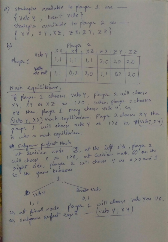 a) strategies available to player 1 are - Sveto y Dont veto? strategies available to player a are - I f xx , X Y , XZ, ZX, Z