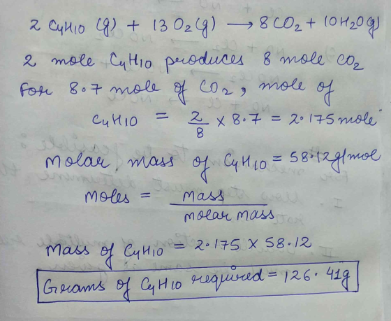 2 Cukio (8) + 13 O2(g) 8 CO2 + 10 H20 g) 2 mole Cuttio produces & mole co For 807 mole of cosa mole of Cukio = 2 x 8.7 = 20 1