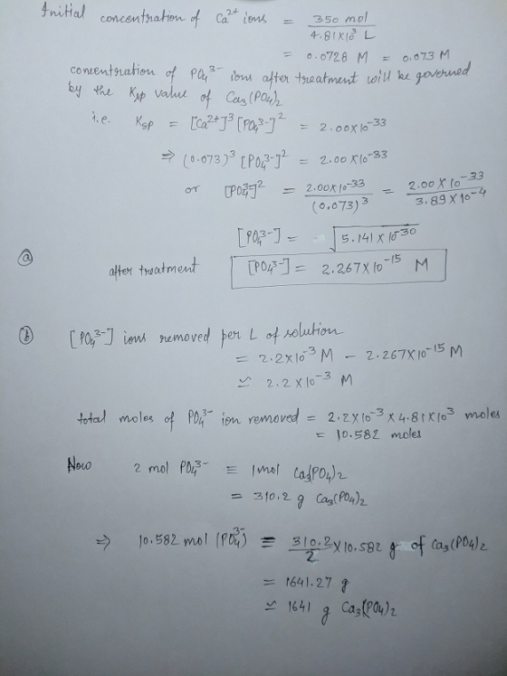 Initial concentration of cations = 350 mol 4.81x10 L = 0.0728 M = 0.073 M concentration of POG3-ions after treatment will be