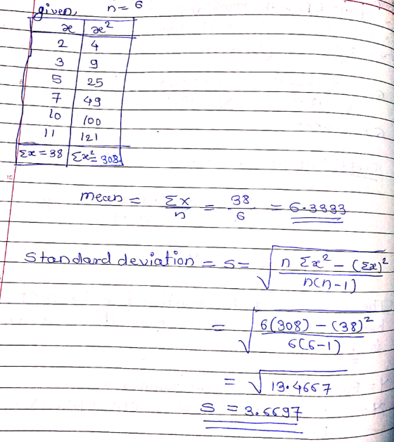 بهمنه ne 6 Ia 39 5 25 7149 lo 1 100 121 {x² 3081 Ex= 38 mean = {x = 38 - 6.3 6.3333 38 Standard deviation - Soln Eæ? - (Ex)?