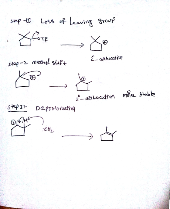 - step to Loss of leaving group cambocation step-2 methyl shift g_carbocation more stable Step 3: Deprotonation Inn