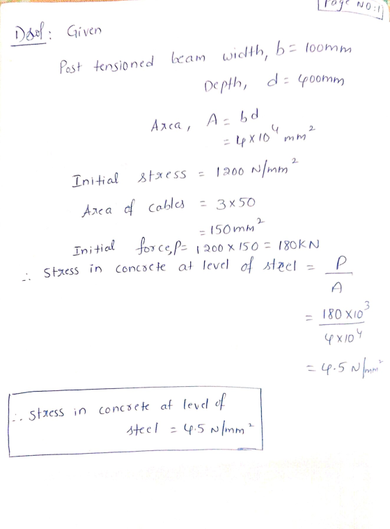 Irage NO:1) Dool: Given Post tensioned beam beam width, b= loomm Depth, d = poomm Arca, A-bd 2 4x104 mm Initial stress = 1200