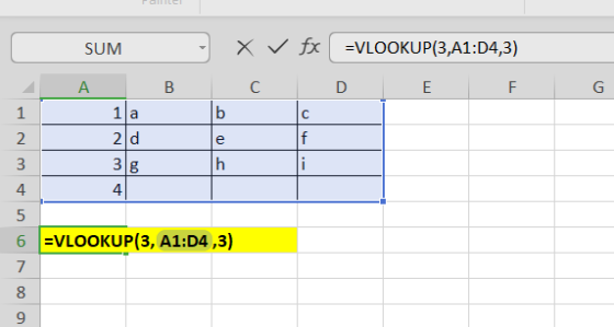 X fx =VLOOKUP(3,41:04,3) D E B C F G 1 SUM A 1 a 2d 38 4. | NM + b e h c f i VLOOKUP(3, A1:D4 ,3) 00