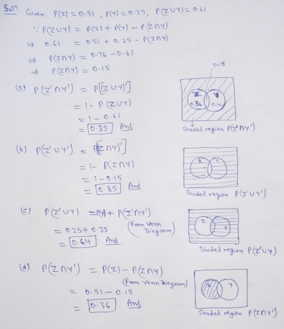 0.15 so Giren: P(Z) = 0.51 , P(Y) = 0.25, PZUY)=0.6) P(Z UY) =P (Z3+ Ply) - Plzny) » 0.6l = 0.51 +0.25 - P(ZNY) » P(ZnY) = 0
