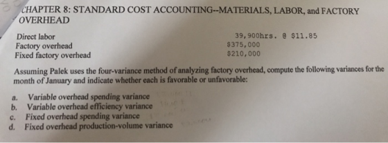 CHAPTER 8: STANDARD COST ACCOUNTING--MATERIALS, LABOR, and FACTORY OVERHEAD Direct labor 39,900hrs. @ $11.85 Factory overhead