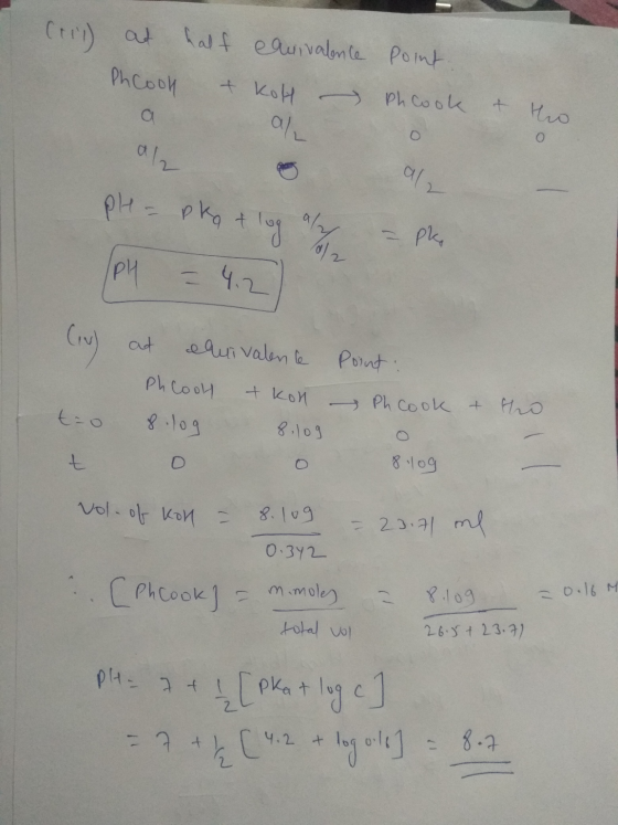 Crii) at half cavivalence point. Phcool & kolH Ph Cook & tho 012 og ple- pko tlog al [PH = 4.2 912 = pk, at eauivalente Point