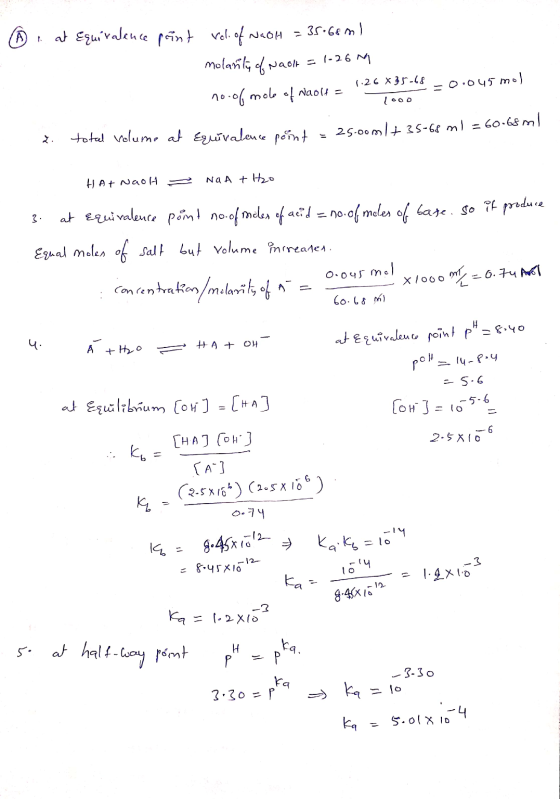 ④ at Equivalence pant role of NaOH = 35.68 m) molanty of Nach = 1-26 1.26 *35-68 -0.045 mol no. of mole of Naolt = 12 1000 2