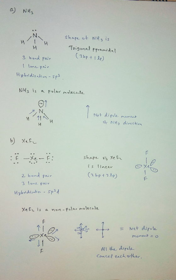 a) NH₂ I-Z: shape of NH3 is Trigonal pyramidal (3 bp + Ide) 3 bond pair I lone pair Hybridisation - sp3 NH3 is a polar molecu
