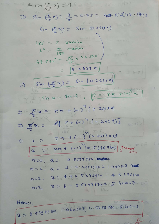 4 sin ( x ) = 3 - 2 » Sin x) = 2 = 0.75 = 48. sulu8.580) Sin & n) = sin (0.26982) 186 = radian to - A radian 48.590 K x 48.59