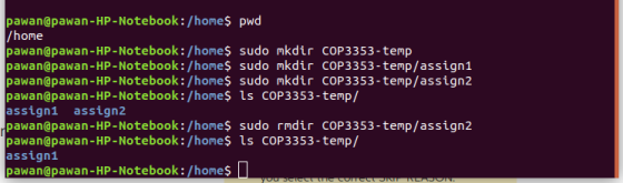 pawan@pawan-HP-Notebook:/home$ pwd /home pawan@pawan-HP-Notebook: /home$ sudo mkdir COP3353-temp pawan@pawan-HP-Notebook: /ho