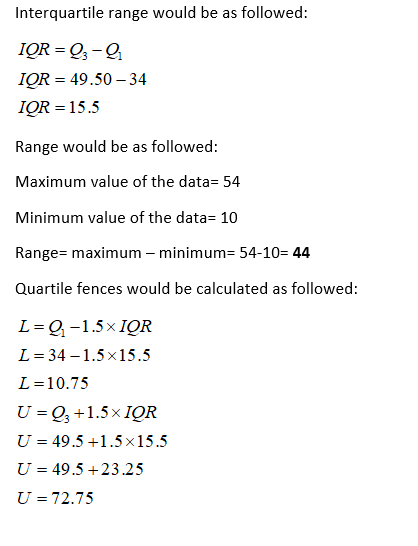 Interquartile range would be as followed: IQR = 23-Q IQR = 49.50 -34 IQR = 15.5 Range would be as followed: Maximum value of