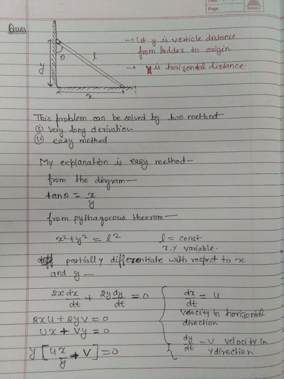 Date Page RANKA Aues isverticle distance Let ladder to cxigin choizendl distance This broblen Very long dexivahia can be solv