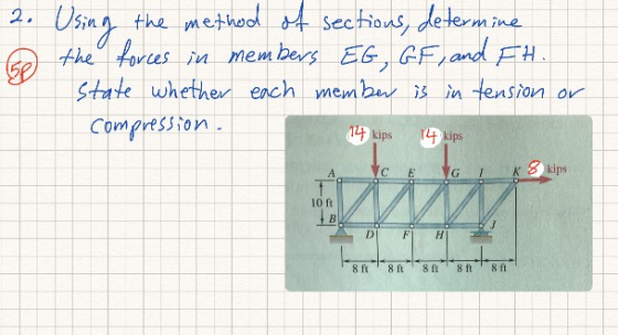 2. Using the method of sections, determine the forces in members EG, GF, and FH. state whether each member is in tension comp