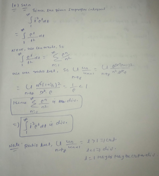 (1) Salin since the green Improper integral Spretat set at #2 1 Now, we can write, so en Set dt = Eg n2 12 n=1 4 Mn+112 so t