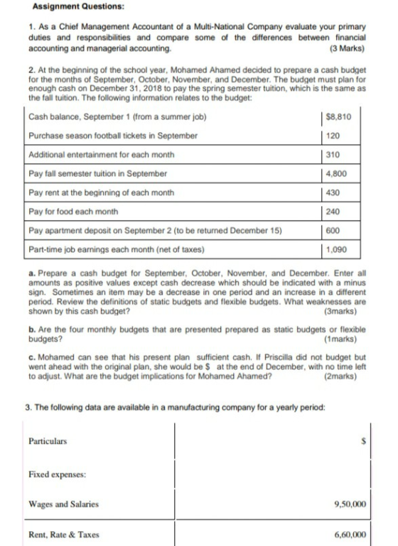 Assignment Questions: 1. As a Chief Management Accountant of a Multi-National Company evaluate your primary duties and respon