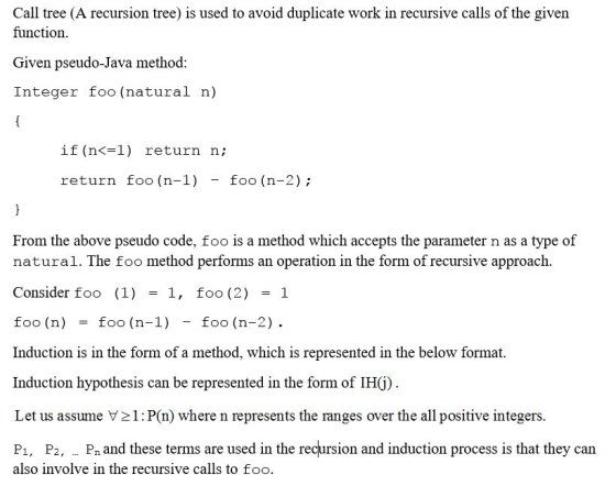 Call tree (A recursion tree) is used to avoid duplicate work in recursive calls of the given function. Given pseudo-Java meth