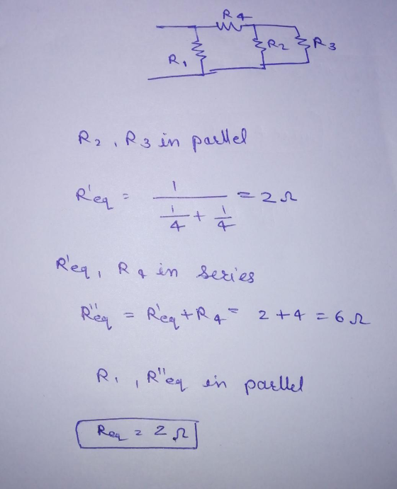 R4 R. R₂,R3 in paellel 1 Req? = 22 ㅎ 4 Req, Rain series Reg Req+R 4 = 2+4=62 R. Req en parllel Reg 2 2 2
